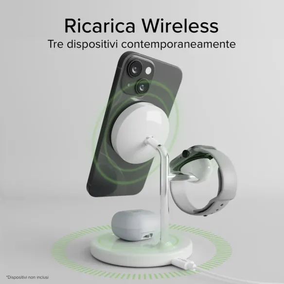 Stazione ricarica wireless Qi2 per cellulari, Apple Watch, auricolari wireless